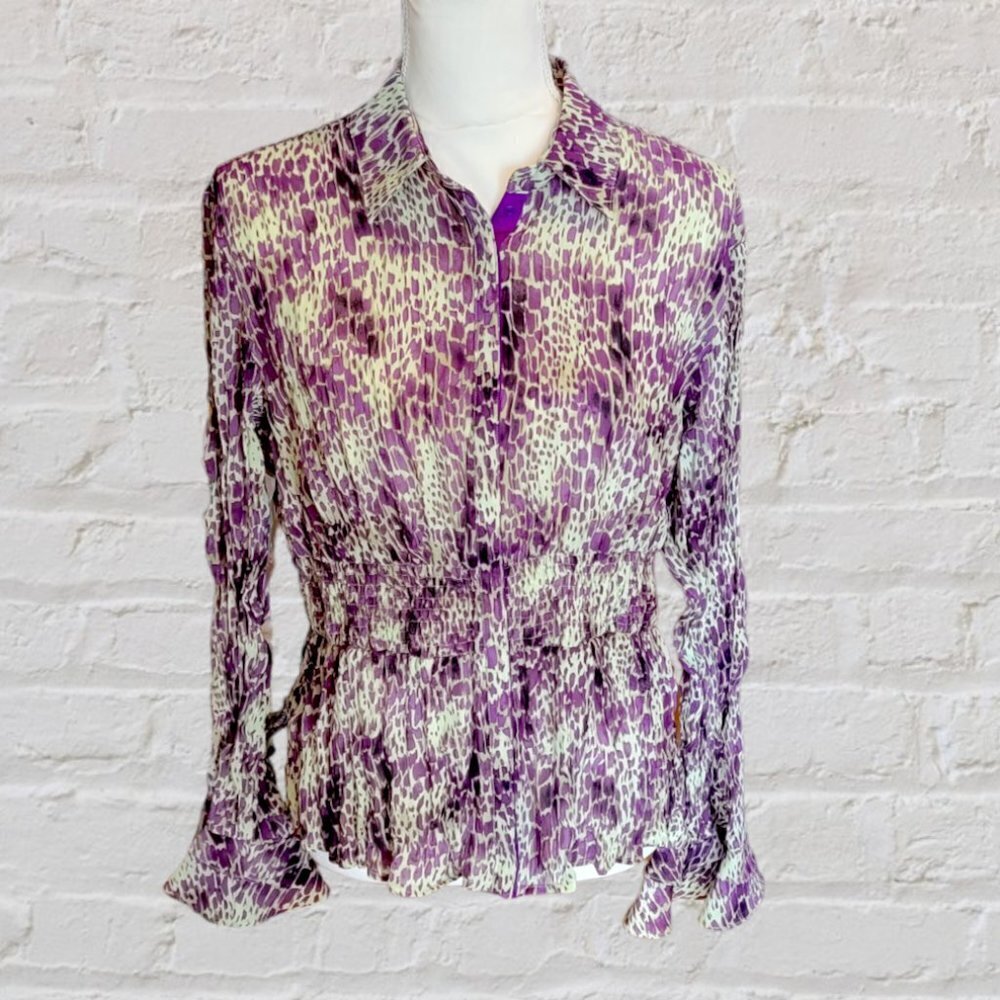 Lloyd Williams Elegant Purple and Green Long Sleeve Evening Blouse in Size Large - Picture 2 of 5